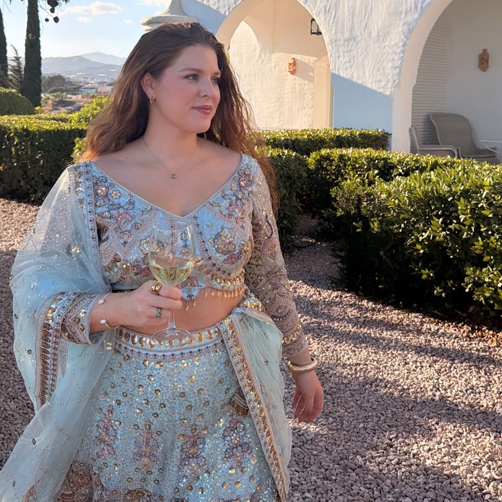 Embellished Blue and Gold Lehenga